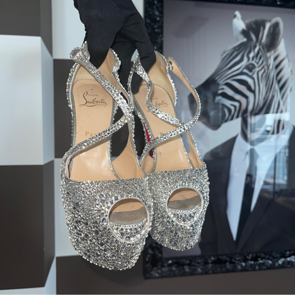 Christian Louboutin Exagona Strass Crystal Silver Platform Heel EU 35.5 / US 5.5